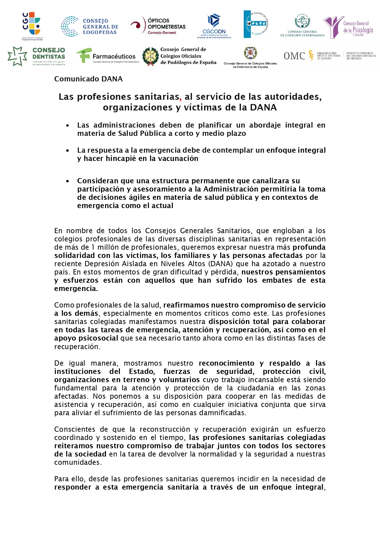 DECLARACION DE LAS PROFESIONES SANITARIAS DANA 6 11 24 1 page 0001 - Las profesiones sanitarias, al servicios de las autoridades, organizaciones y víctimas de la DANA