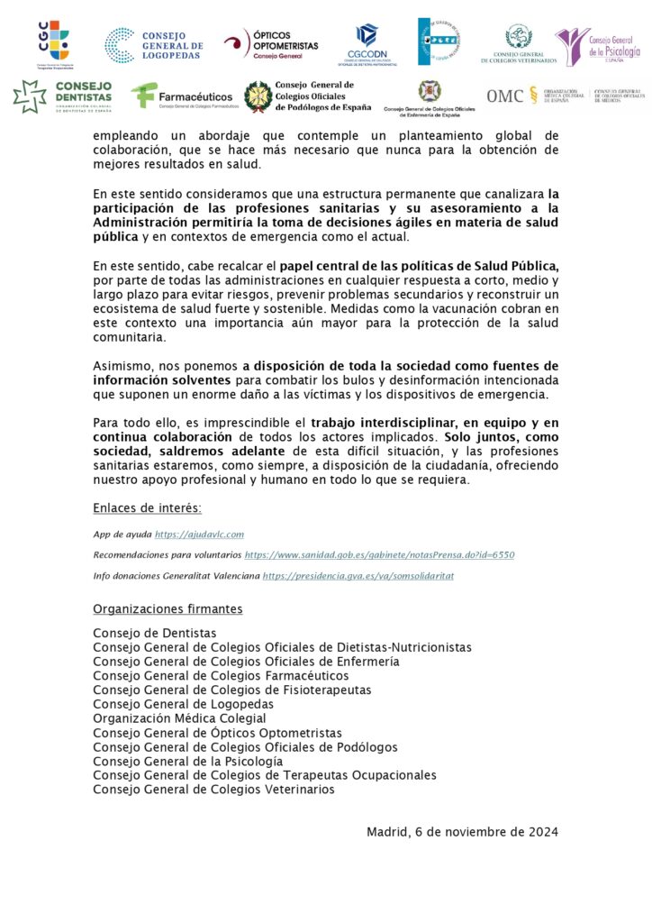 DECLARACION DE LAS PROFESIONES SANITARIAS DANA 6 11 24 1 page 0002 1 724x1024 - Las profesiones sanitarias, al servicios de las autoridades, organizaciones y víctimas de la DANA